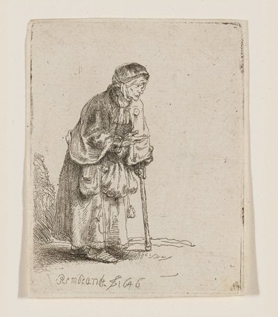 Tiggende kvinne som støtter seg på en stokk av Rembrandt van Rijn