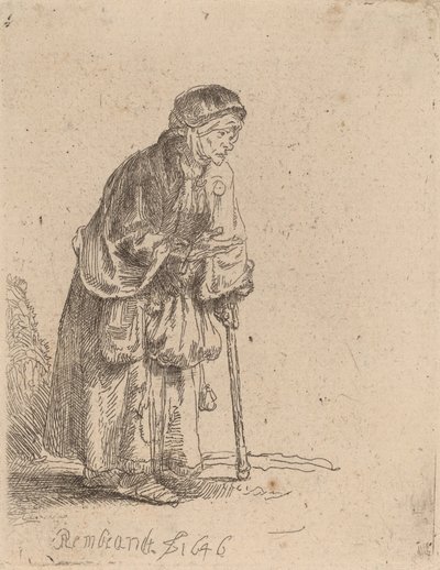 Tiggerkvinne lener seg på en pinne, 1646. av Rembrandt van Rijn