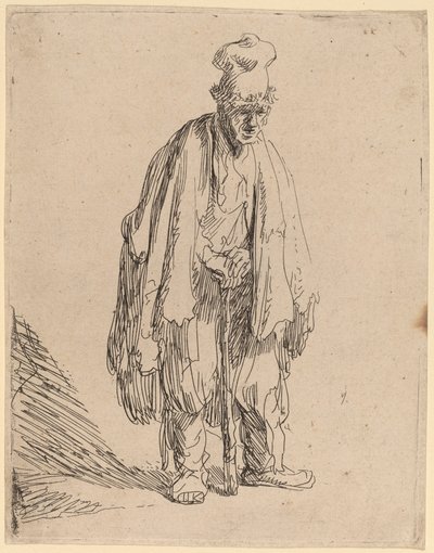 Tigger med høy lue, stående og lent på en pinne av Rembrandt van Rijn