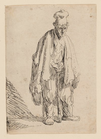 Tigger med høy lue, stående og lent på en pinne av Rembrandt van Rijn