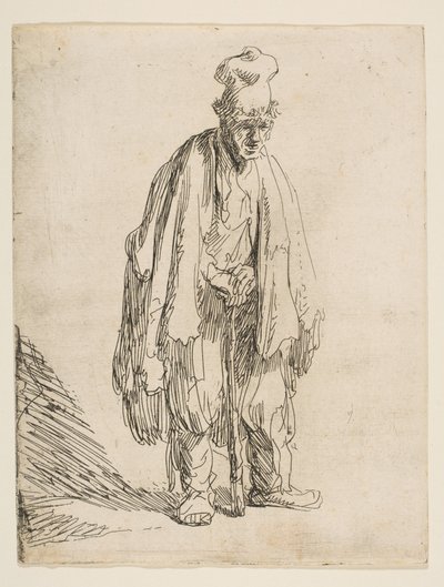 Tigger med høy lue, stående og lent på en pinne, ca. 1629. av Rembrandt van Rijn