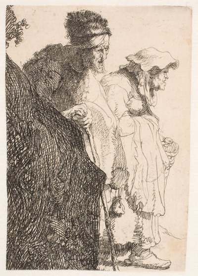 En tigger og en tiggerkvinne bak en bank av Rembrandt van Rijn