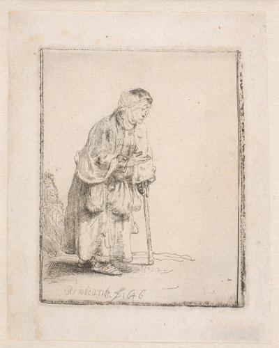 En tiggerkvinne som støtter seg på en stokk av Rembrandt van Rijn
