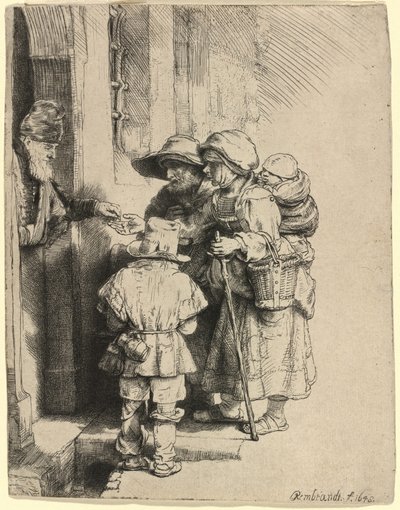 Tiggere som mottar almisser ved døren til et hus av Rembrandt van Rijn