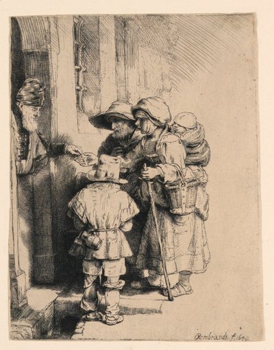 Tiggere som mottar almisser ved døren til et hus av Rembrandt van Rijn