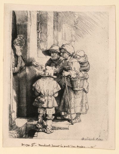 Tiggere som mottar almisser ved døren til et hus av Rembrandt van Rijn