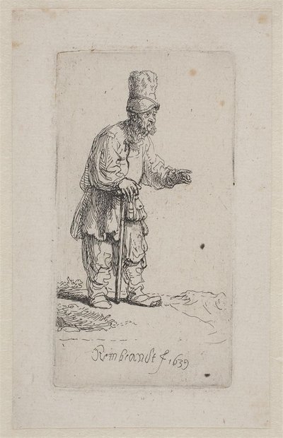 Bonde lener seg på en pinne av Rembrandt van Rijn