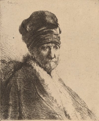 Byste av en mann med høy caps, trekvart høyre kunstnerens far, 1630. av Rembrandt van Rijn