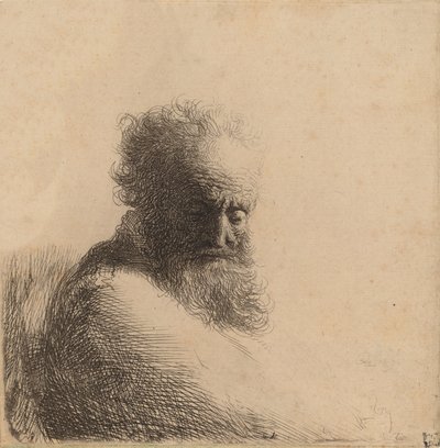 Byste av en gammel skjegget mann, ser ned, tre fjerdedeler høyre, 1631. av Rembrandt van Rijn
