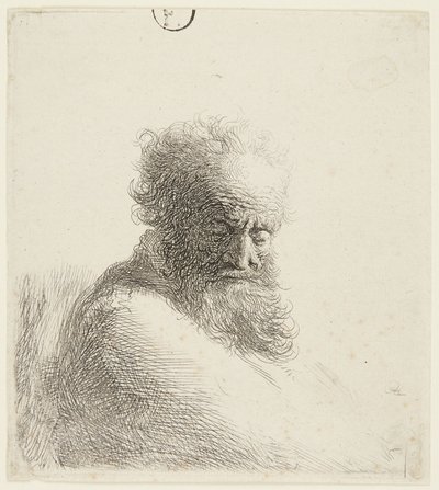 Byste av en gammel mann som ser ned, trekvartprofil mot høyre av Rembrandt van Rijn