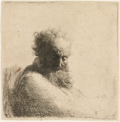 Byste av en gammel skjeggete mann, ser ned, tre fjerdedeler til høyre, 1631. av Rembrandt van Rijn