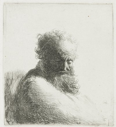 Byste av en gammel skjeggete mann, ser ned, tre kvarter høyre av Rembrandt van Rijn