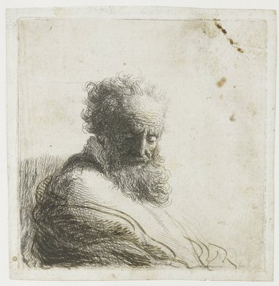 Byste av en gammel skjeggete mann, ser ned, tre kvarter til høyre av Rembrandt van Rijn