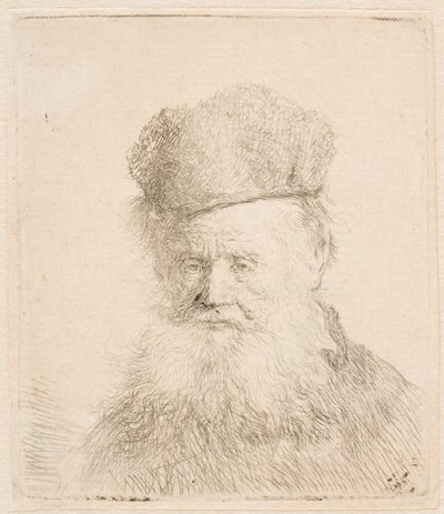 Byste av en gammel mann med pelslue og langt skjegg: nesten i full profil: blikket rettet fremover av Rembrandt van Rijn