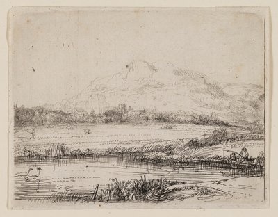 Kanal med en fisker og to svaner av Rembrandt van Rijn