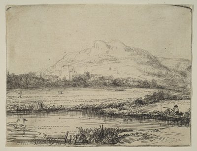 Kanal med en fisker og to svaner, 1650. av Rembrandt van Rijn
