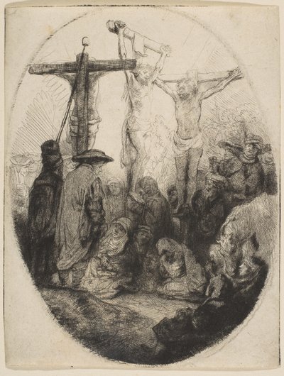 Kristus korsfestet mellom to tyver, oval plate, ca. 1641. av Rembrandt van Rijn