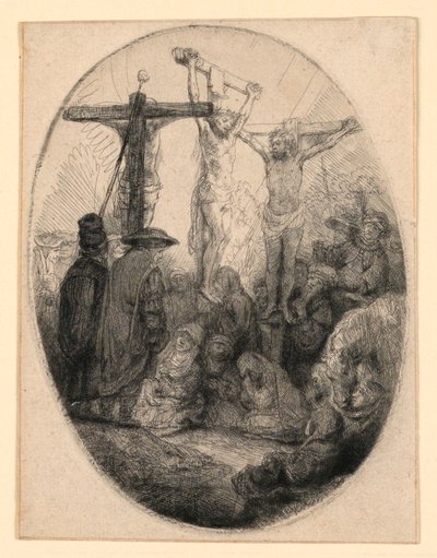 Kristus korsfestet mellom de to tyvene: En oval plate av Rembrandt van Rijn