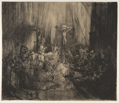 Kristus korsfestet mellom de to tyvene: De tre korsene, ca. 1660. av Rembrandt van Rijn