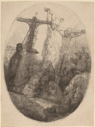Kristus korsfestet mellom de to tyvene: en oval plate av Rembrandt van Rijn