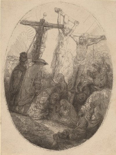 Kristus korsfestet mellom de to tyvene: en oval plate, ca. 1641. av Rembrandt van Rijn