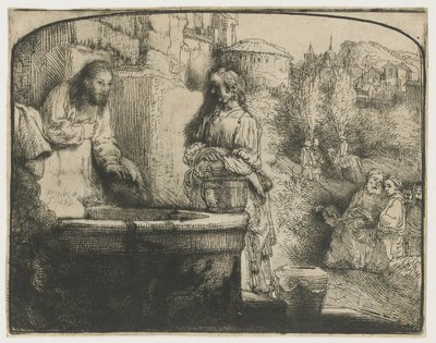 Kristus og kvinnen i Samaria Kristus og kvinnen i Samaria: et buet trykk av Rembrandt van Rijn