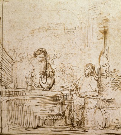 Kristus og kvinnen i Samaria (penn og brunt blekk på papir) av Rembrandt van Rijn