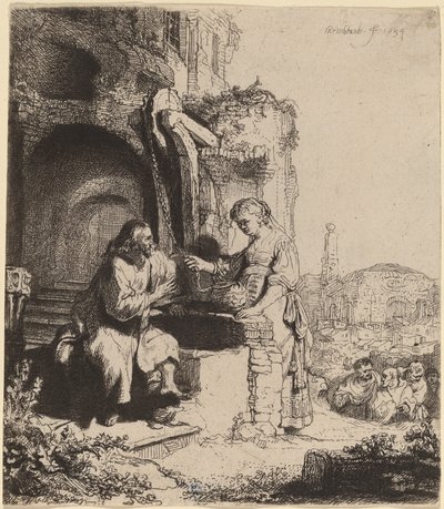 Kristus og kvinnen i Samaria blant ruiner av Rembrandt van Rijn
