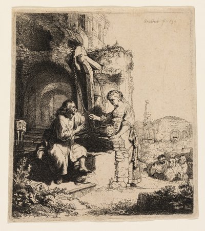 Kristus og kvinnen i Samaria blant ruiner av Rembrandt van Rijn