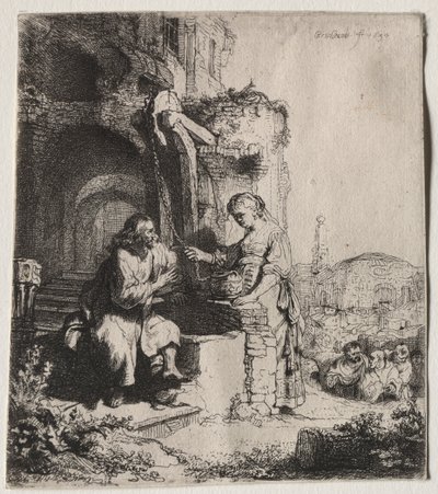Kristus og kvinnen i Samaria blant ruiner, 1634. av Rembrandt van Rijn