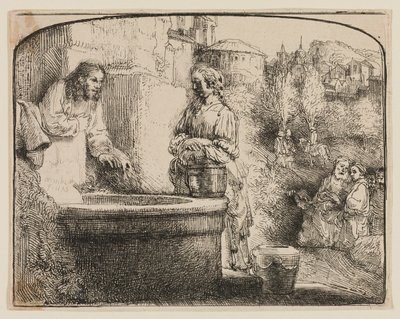 Kristus og kvinnen i Samaria: Et buet trykk av Rembrandt van Rijn