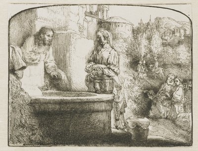 Kristus og kvinnen i Samaria: et buet trykk av Rembrandt van Rijn