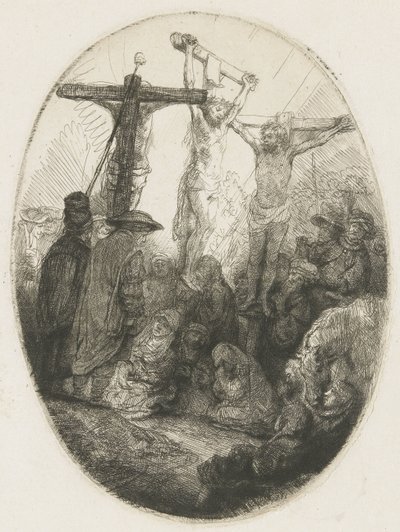 Kristus korsfestet mellom de to tyvene: en oval plate av Rembrandt van Rijn