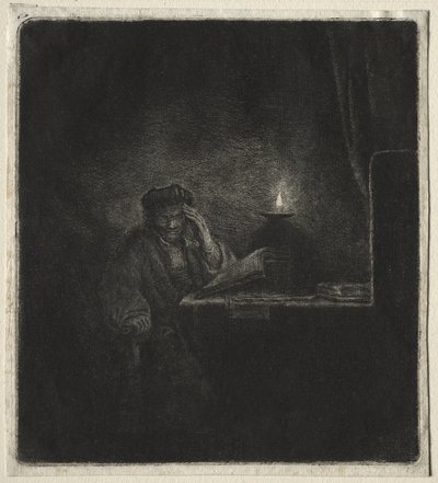 Kopi av Student ved et bord ved levende lys av Rembrandt van Rijn