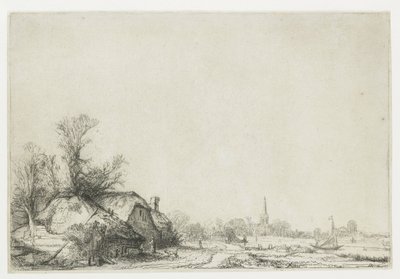 Hytte ved siden av en kanal med utsikt over Ouderkerk av Rembrandt van Rijn
