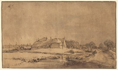 Hytter og låve ved siden av en vei av Rembrandt van Rijn
