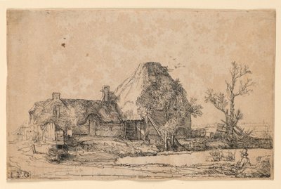 Hytter og gårdsbygning med en mann som skisserer av Rembrandt van Rijn