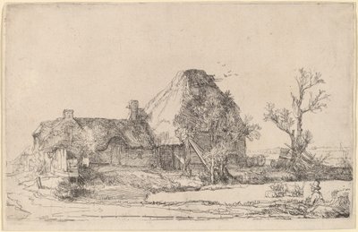 Hytter og gårdsbygninger med en mann som skisserer av Rembrandt van Rijn