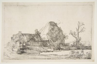 Hytter og gårdsbygninger med en mann som skisserer, ca. 1645. av Rembrandt van Rijn