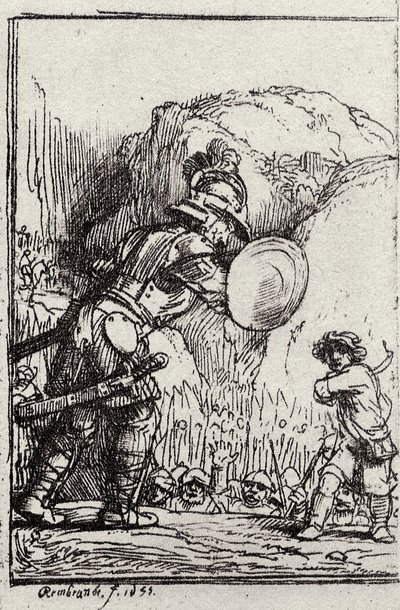 David og Goliat. Illustrasjon for Piedra gloriosa av Menasseh ben Israel av Rembrandt van Rijn