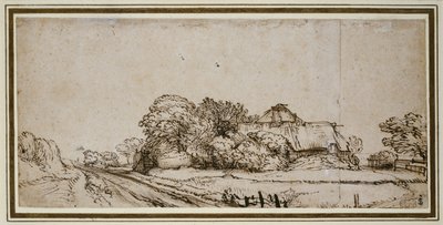 Gårdsbygninger ved siden av en vei (penn og brunt blekk med brun vask) av Rembrandt van Rijn