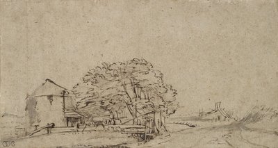 Gårdsbygning ved siden av en vei med fjerntliggende gårdsbruk, 1650-69 (penn og brunt blekk med grå vask på papir) av Rembrandt van Rijn