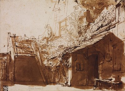 Våningshus i lys og skygge av Rembrandt van Rijn