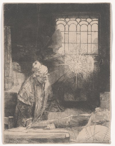 Faust i studiet og ser på en magisk plate, eller En lærd i studiet sitt, ca. 1652 av Rembrandt van Rijn