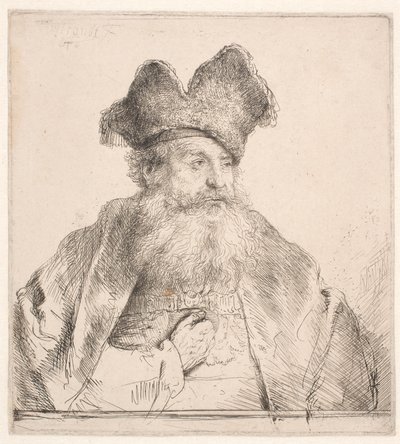 Gammel mann med pelslue av Rembrandt van Rijn