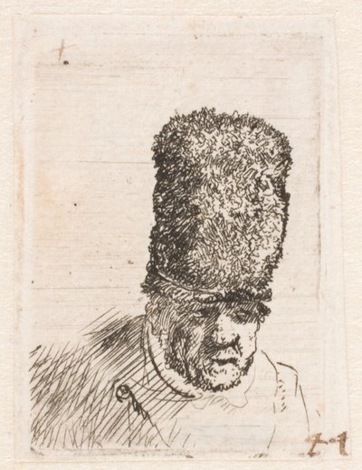 Hodet til en gammel mann i høy pelshatt av Rembrandt van Rijn