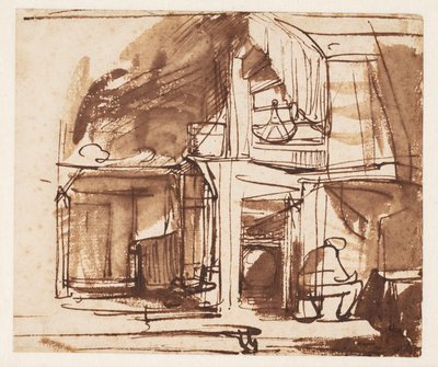 Interiør med en svingete trapp og en sittende mann av Rembrandt van Rijn