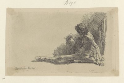 Ung mann sitter på gulvet med ett ben utvidet Recueil de quatre-vingt-cinq estampes originales (serietittel) av Rembrandt van Rijn
