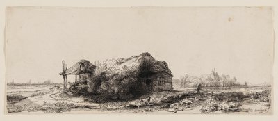 Landskap med hytter og en høylåve: Avlang av Rembrandt van Rijn