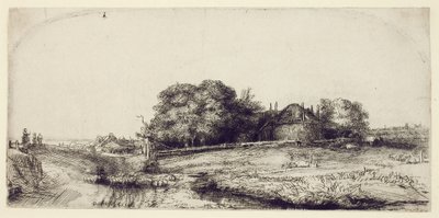 Landskap med høfår og en saueflokk, ca. 1652 (etsing og tørrpunkt på papir) av Rembrandt van Rijn